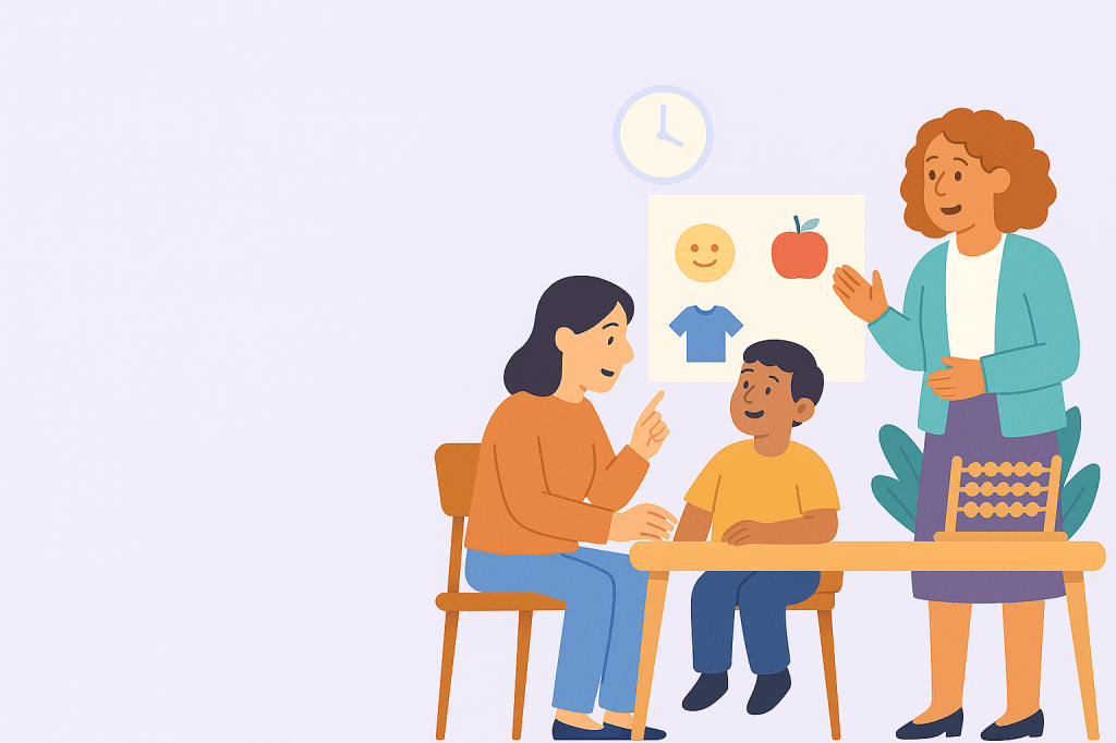 Image of a teacher, parent and child learning